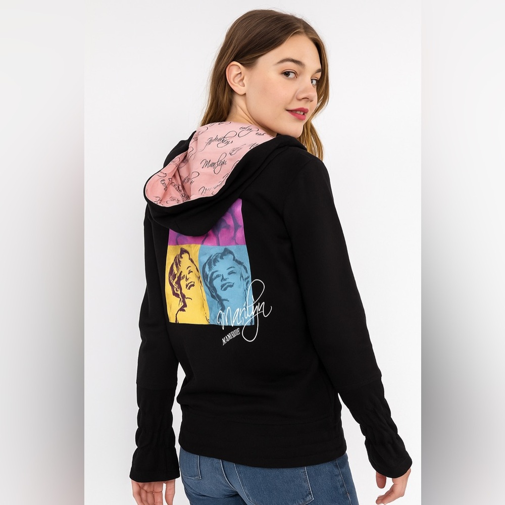 Marilyn Monroe Black Hoodie Pink Lining Pop Art Back Pullover Sz S